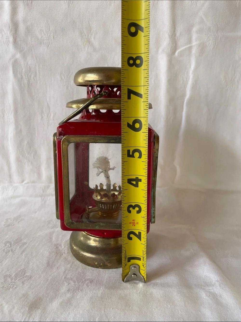 Vintage Red & Brass Decorative Railroad Lantern 1960s Classic Kerosene Oil Lamp